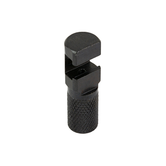 Small black knurled metal tool with a U-shaped slot at the top, resembling a clamp or pin holder