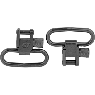 Two black metal quick-release strap clasps with oval loops and knurled screws.