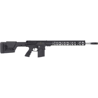 Black tactical semi-automatic rifle with a collapsible stock, pistol grip, 30-round magazine, and a long modular handguard.