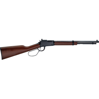 Lever-action rifle with a dark metal receiver and polished wooden stock, shown in profile.