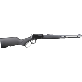 Black pump-action shotgun with a polymer stock and long barrel, shown in profile against a white background.