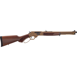 Profile view of a tan finish, double-barrel shotgun with a wooden stock and checkered grip.