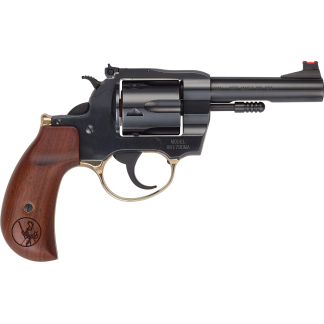 Side view of a black revolver with a wooden grip and gold-tone trigger, showing a .357 Magnum/.38 Special chamber and open cylinder