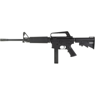 Black AR-style rifle with an adjustable stock, pistol grip, and standard magazine viewed in profile