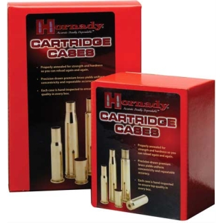 Two red Hornady cartridge cases reloading boxes, with labels showing brass rifled casings on the front.
