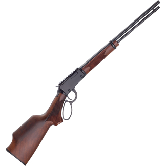 Long rifles with a dark metal barrel and brown wooden stock shown at an upward angle against a white background.