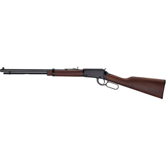 Lever-action rifle with a wooden stock and long barrel shown in profile.