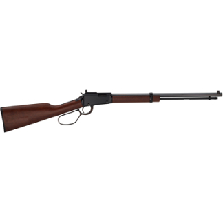 Lever-action rifle with wooden stock and long metal barrel, shown in profile.