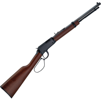 Lever-action rifle with wooden stock and metal barrel on a white background.