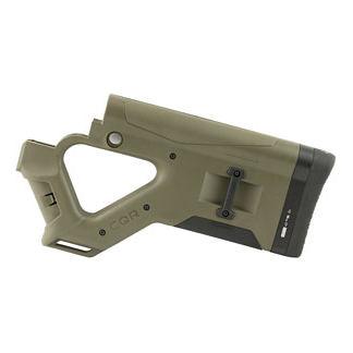 Olive green adjustable rifle buttstock with a black rubber butt pad, shown from the side against a white background