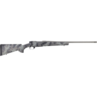 Bolt-action rifle with a gray camouflage stock and long barrel.