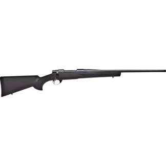 Bolt-action rifle with black stock and long barrel, shown against a white background.