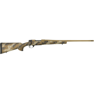 Camouflage-patterned bolt-action hunting rifle with a wooden stock and long barrel, shown from the side.