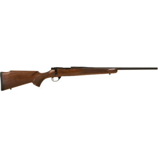 Bolt-action rifle with a wooden stock and long metal barrel, shown in profile.
