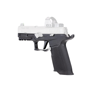 Side view of a semi-automatic pistol with a white slide and black grip. The gun is shown in profile, facing left.