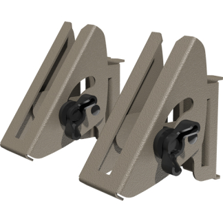 Pair of beige metal adjustable clamp brackets with black knob screws, shown in perspective.
