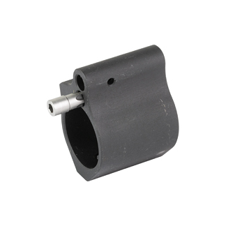 Black cylindrical clamp-like part with a hollow center and a short silver pin protruding from the side.