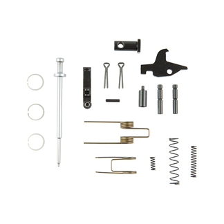 Assorted small metal hardware parts laid out on a white background: springs, pins, rings, cotter pins, a long rod, and a small black connector.