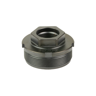 Threaded adapter fitting with external male threads, internal female threads, and a hexagonal nut on top.