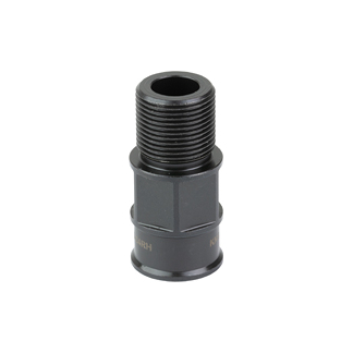 Black threaded pipe adapter with gray hexagonal midsection.