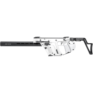 White tactical rifle with a black muzzle suppressor and adjustable stock.