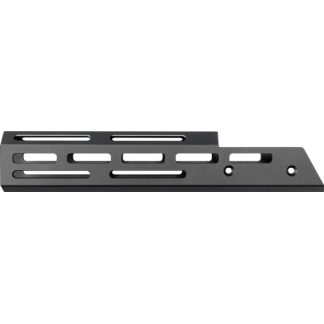 Dark gray metal mounting rail with multiple elongated slots and two small holes.