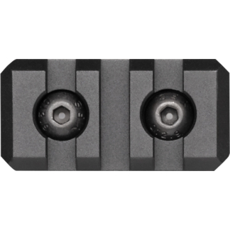 Close-up of a gray metal block with two round bolt heads recessed between vertical ribs.