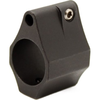 Black metal mounting clamp with a circular bore and a small top screw