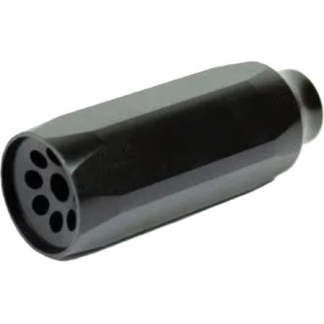 Cylindrical black metal nozzle with seven small circular outlets at the end