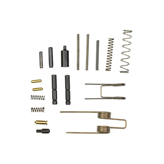 Assorted metal springs, pins, and other small hardware pieces neatly arranged on a white background.