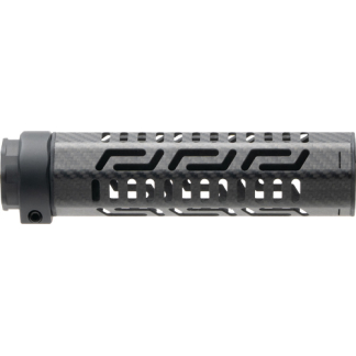 Carbon fiber firearm suppressor with vented body and mounting end cap (close-up).