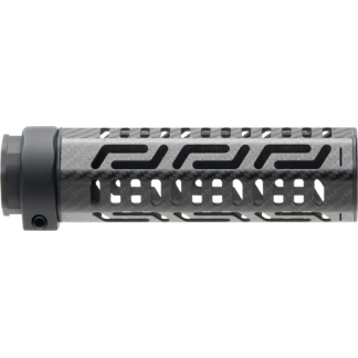 Cylindrical firearm suppressor with vented, cutout pattern along the body and end plate at the left—designed to reduce muzzle noise and flash.