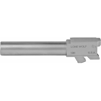 Lone Wolf aftermarket pistol barrel in metallic finish with branding on the frame portion
