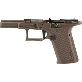 Brown semi-automatic pistol with textured grip and top accessory rail (side view). Start of trigger and sights visible.