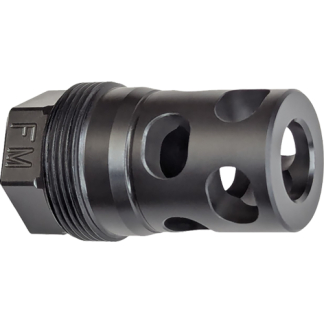 Metal cylindrical muzzle brake with threaded end and multiple vent holes, labeled FM on the end cap.