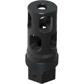 Black cylindrical metal component with multiple square and circular cutouts around a central bore and a threaded base.