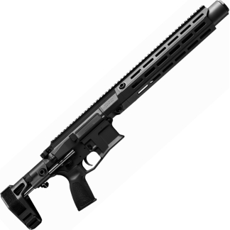 Black AR-style rifle shown at an angle with a long vented handguard and adjustable stock on a white background, highlighting its rail system and trigger area.