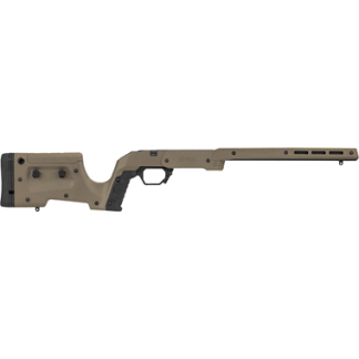 Tan modular rifle stock with adjustable cheek rest, pistol grip, and long slim forend