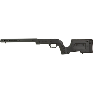 Black adjustable rifle stock with forearm and integrated cheek rest, shown in profile.