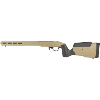 Tan precision rifle with a long vented fore-end, black pistol grip, and adjustable stock.