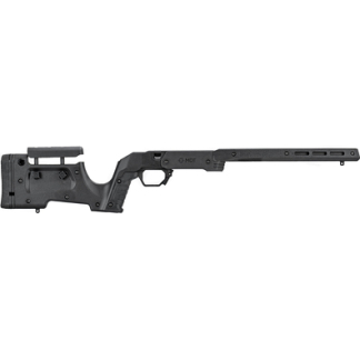 Black modular rifle stock with an extended barrel, shown from the side against a white background