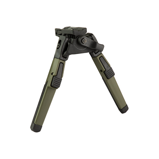 Olive green and black folding rifle bipod with adjustable legs and a hinge at the top.