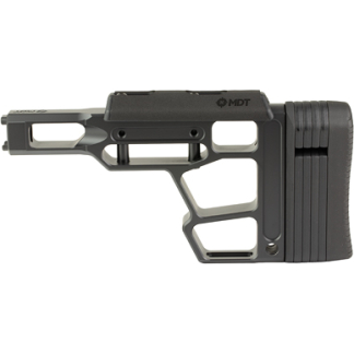 Skeletal AR-style rifle stock with adjustable butt pad, gray finish, and MDT branding
