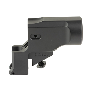 Side view of a dark gray firearm optic mount with clamp and screw, designed to attach a scope or optic to a rifle rail