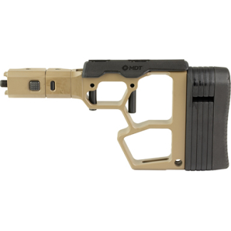 Tan modular rifle chassis with a skeletonized grip and a black stock, showing MDT branding.