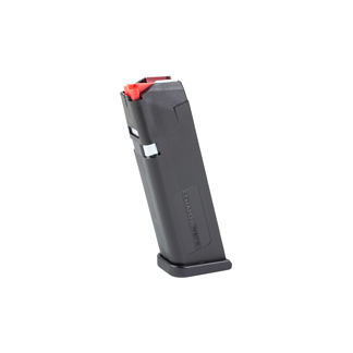 Black handgun magazine standing upright with a red follower on a white background.