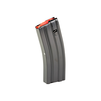 Curved black firearm magazine with orange follower.