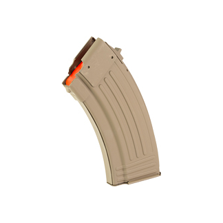 Tan curved rifle magazine with orange follower visible
