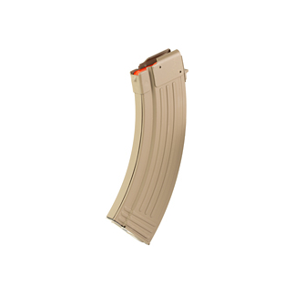 Tan curved rifle magazine (AR-15 style) with orange follower, likely 30 rounds