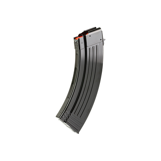 Curved metal rifle magazine with orange follower, a detachable ammunition magazine for a semi-automatic rifle.